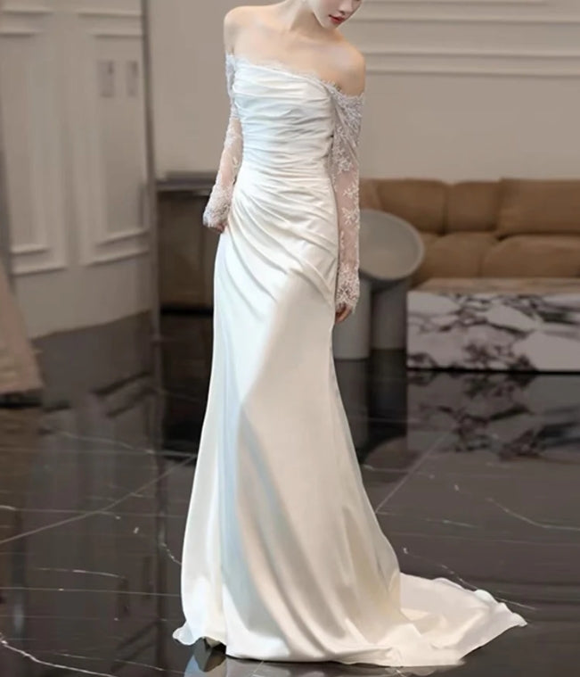 Lace Sleeves White Sheath Wedding Dress