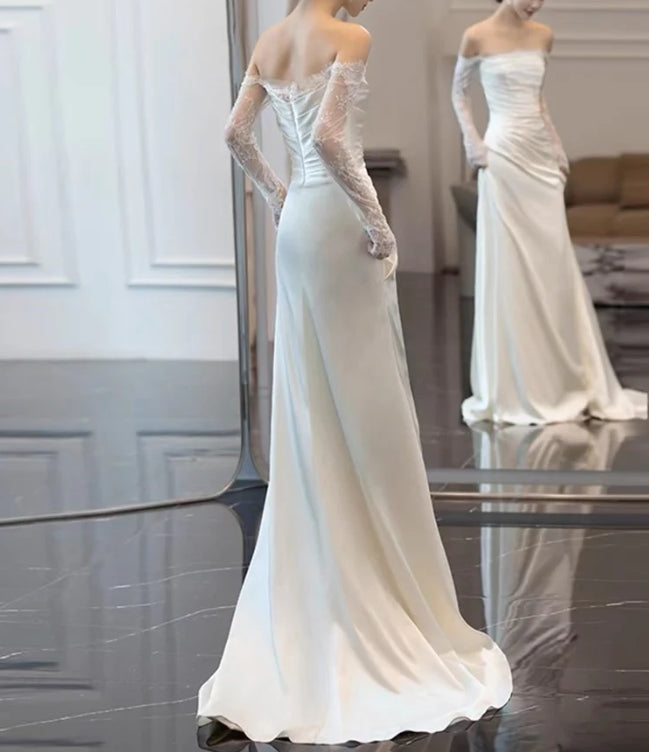 Lace Sleeves White Sheath Wedding Dress