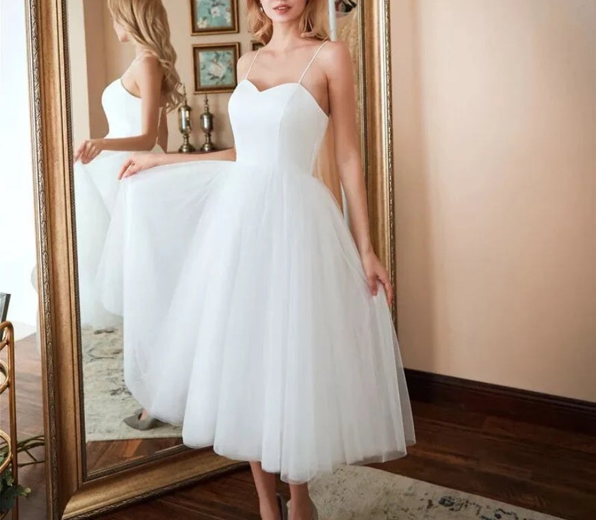 Spaghetti Straps White Prom Dress simple Wedding Dress