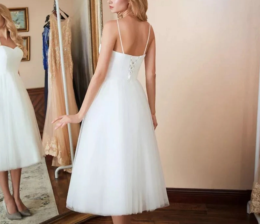 Spaghetti Straps White Prom Dress simple Wedding Dress