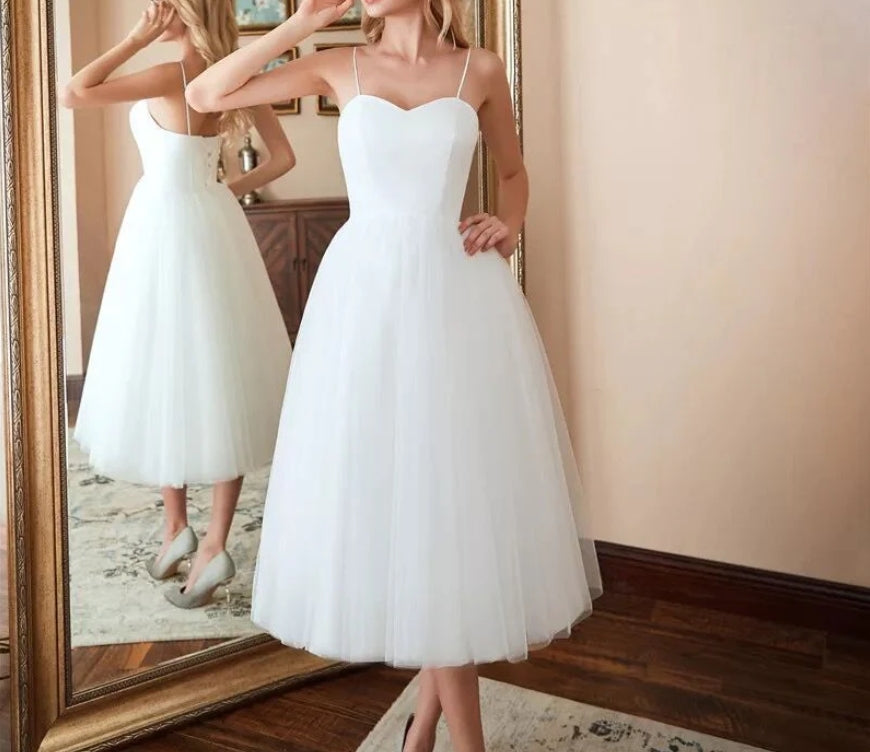 Spaghetti Straps White Prom Dress simple Wedding Dress