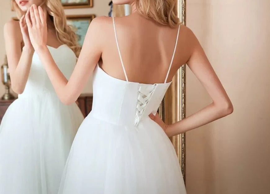 Spaghetti Straps White Prom Dress simple Wedding Dress