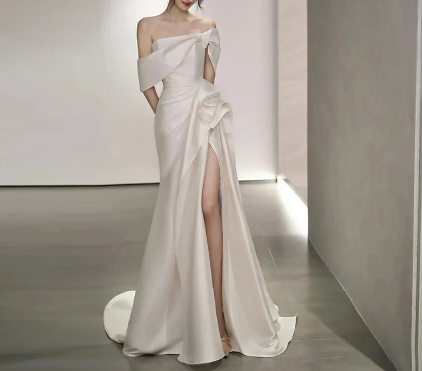 Off Shoulder Satin Wedding Dress White Mermaid Long Prom Dress with