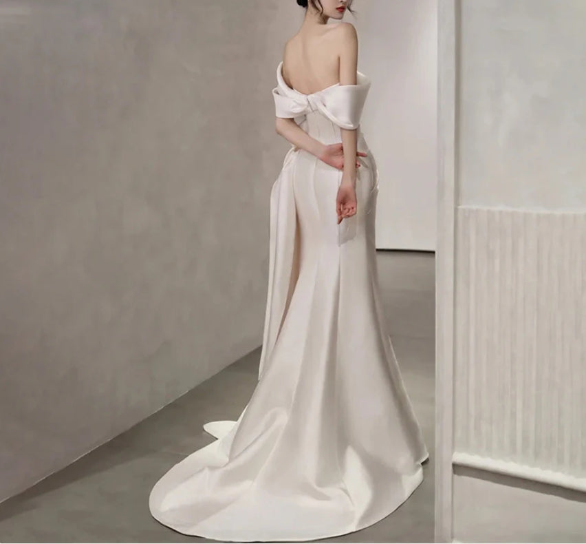 Off Shoulder Satin Wedding Dress White Mermaid Long Prom Dress with
