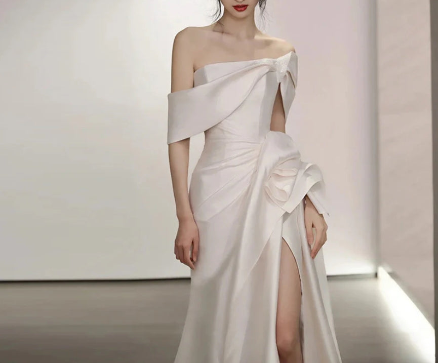 Off Shoulder Satin Wedding Dress White Mermaid Long Prom Dress with