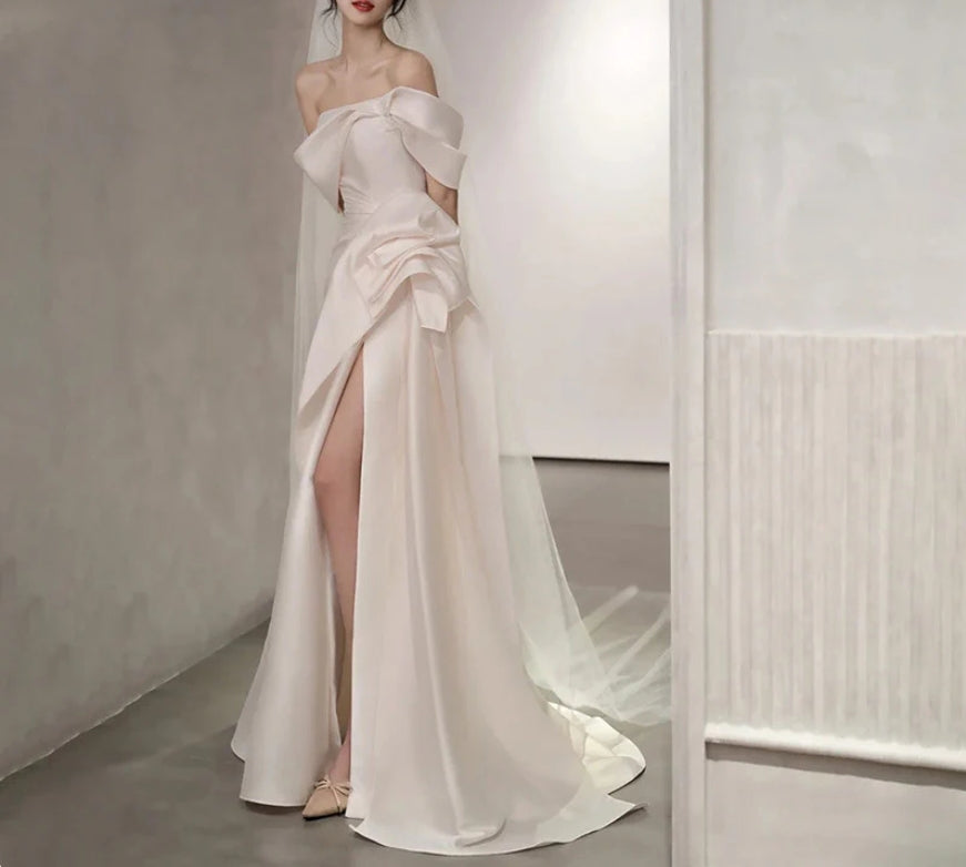 Off Shoulder Satin Wedding Dress White Mermaid Long Prom Dress with