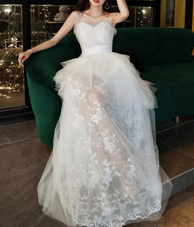 Spaghetti Strap White Tulle Prom Dress Lace layer Wedding Dress