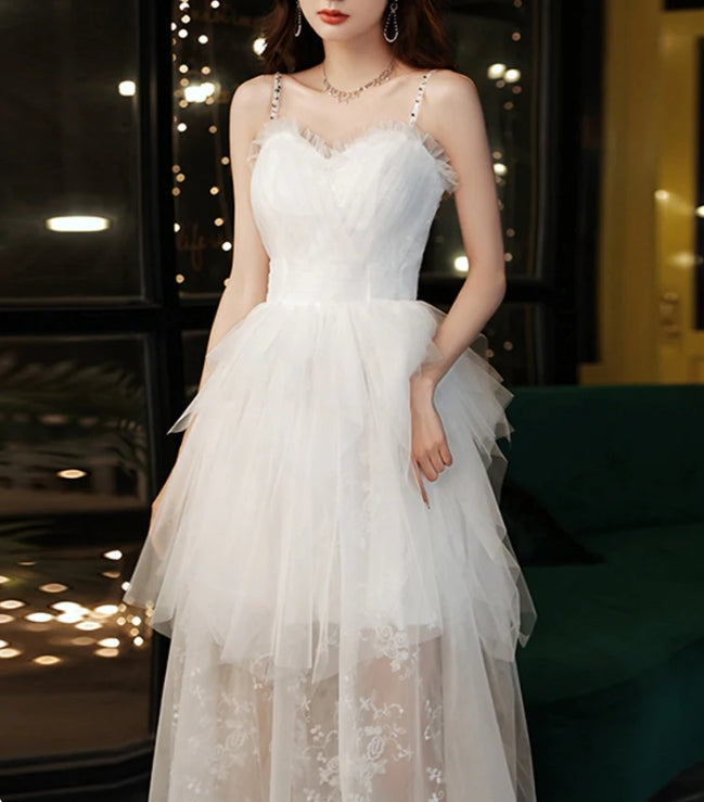 Spaghetti Strap White Tulle Prom Dress Lace layer Wedding Dress