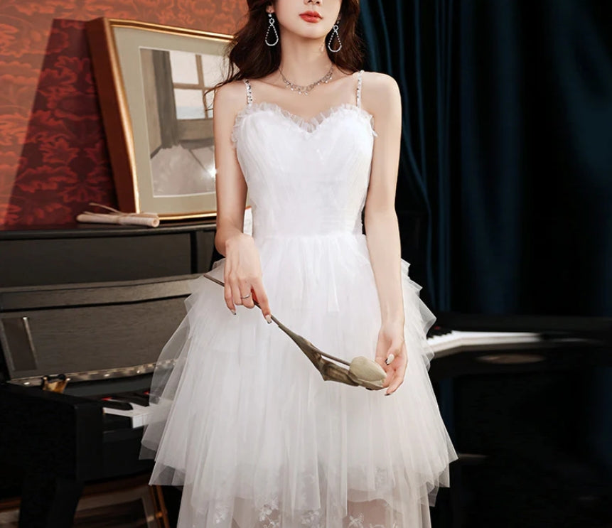 Spaghetti Strap White Tulle Prom Dress Lace layer Wedding Dress