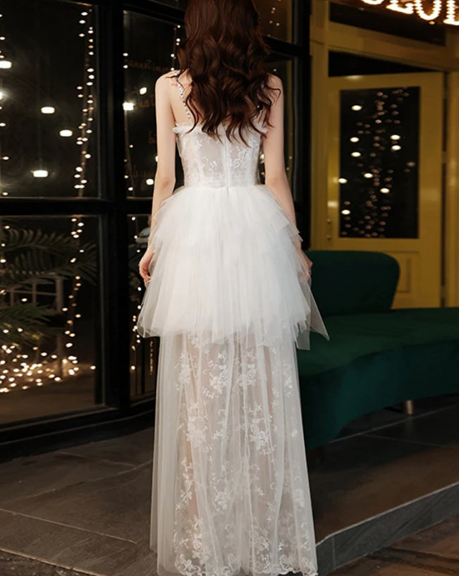 Spaghetti Strap White Tulle Prom Dress Lace layer Wedding Dress