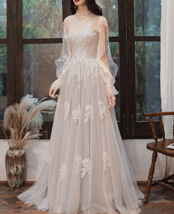 Long Sleeves Lace Tulle Wedding Dress A Line Long Prom Dress Formal Party Gown