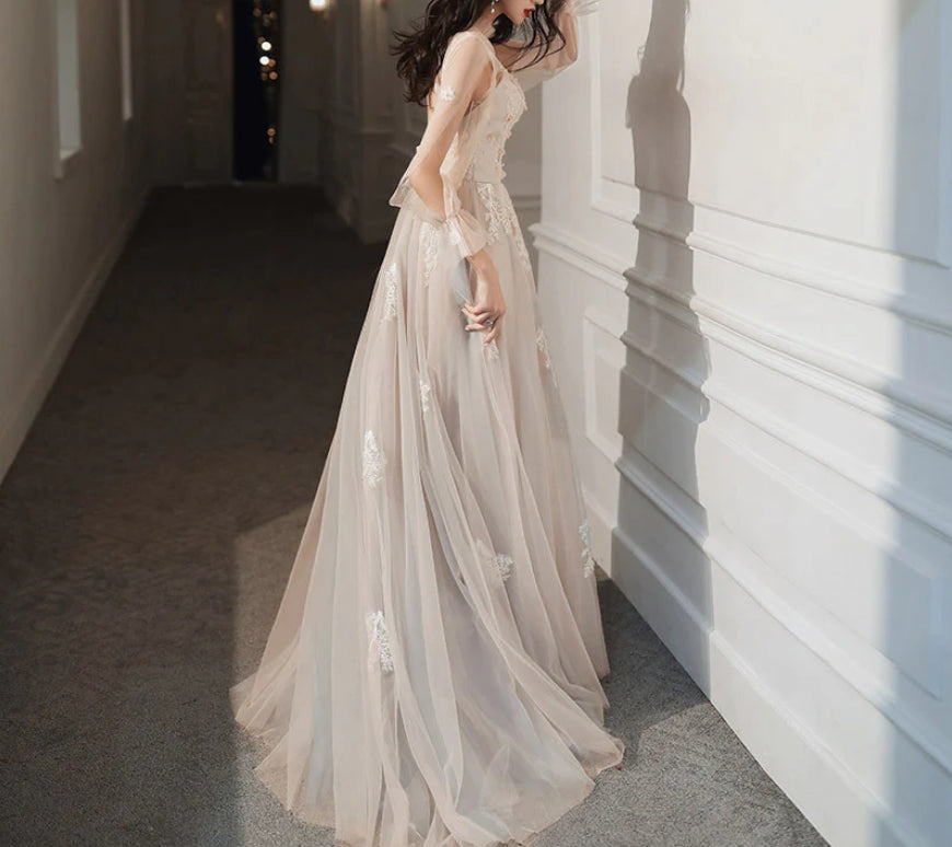Long Sleeves Lace Tulle Wedding Dress A Line Long Prom Dress Formal Party Gown