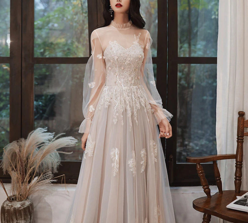 Long Sleeves Lace Tulle Wedding Dress A Line Long Prom Dress Formal Party Gown