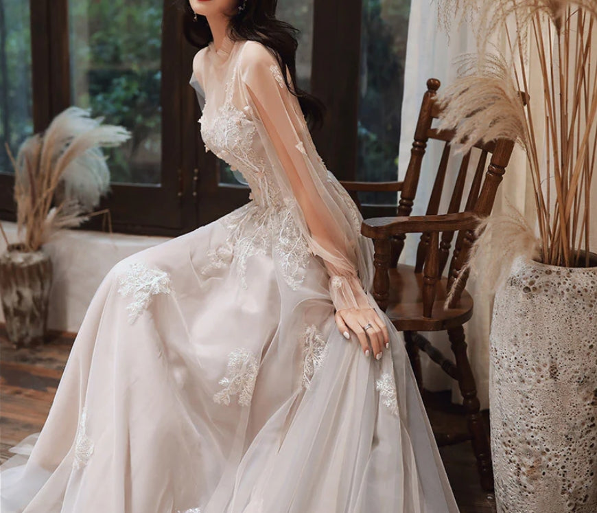 Long Sleeves Lace Tulle Wedding Dress A Line Long Prom Dress Formal Party Gown