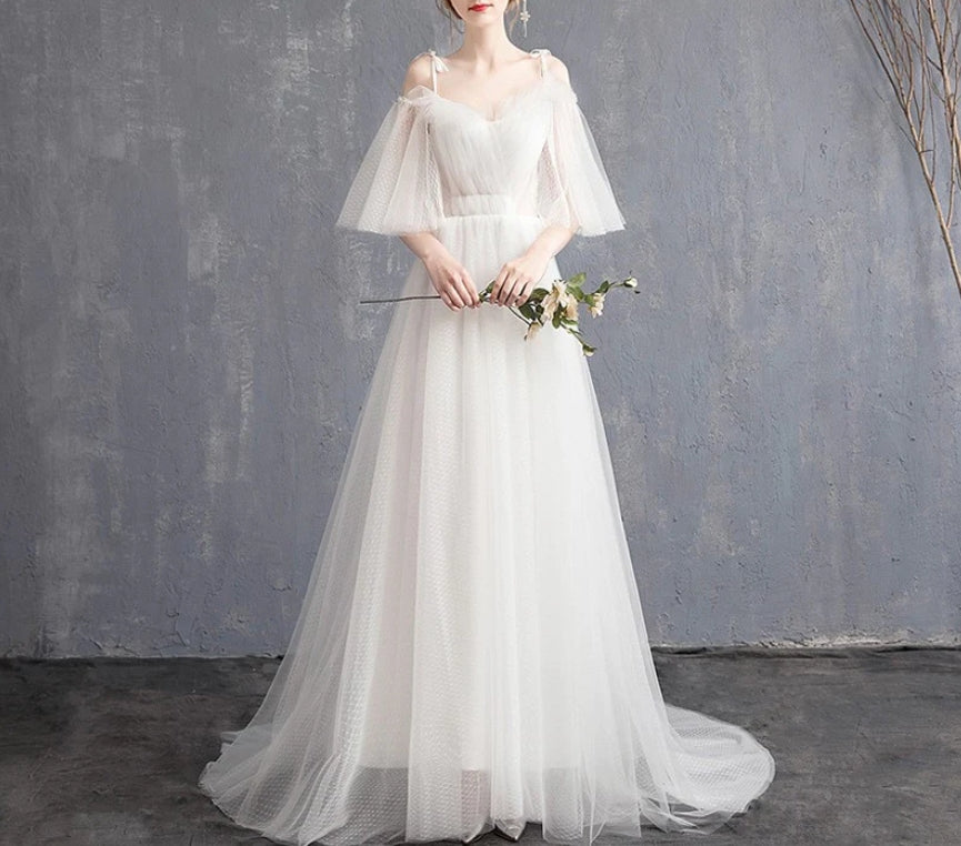 Sweetheart A Line Tulle Wedding Dress Spaghetti Strap Long Formal Gown with