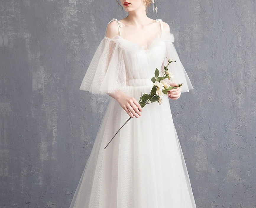 Sweetheart A Line Tulle Wedding Dress Spaghetti Strap Long Formal Gown with