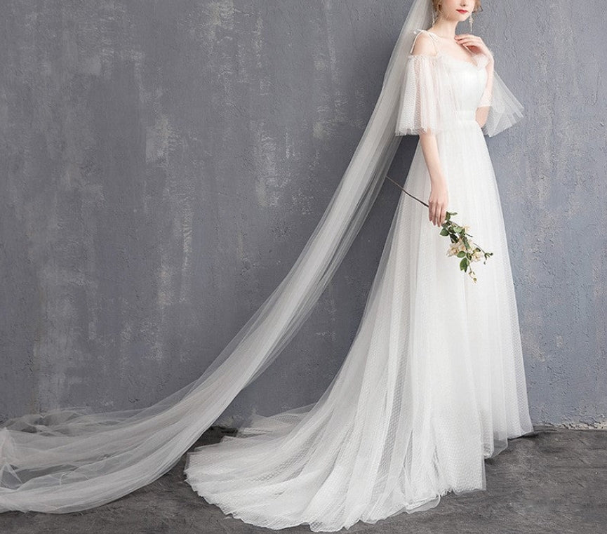 Sweetheart A Line Tulle Wedding Dress Spaghetti Strap Long Formal Gown with