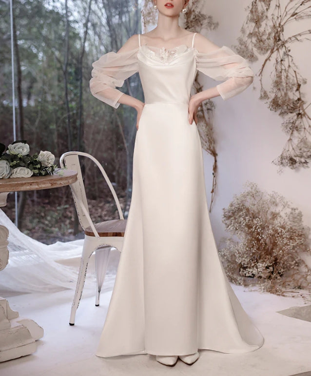 Simple White Long Sleeves Wedding Dress V Back Long Evening Prom Dress