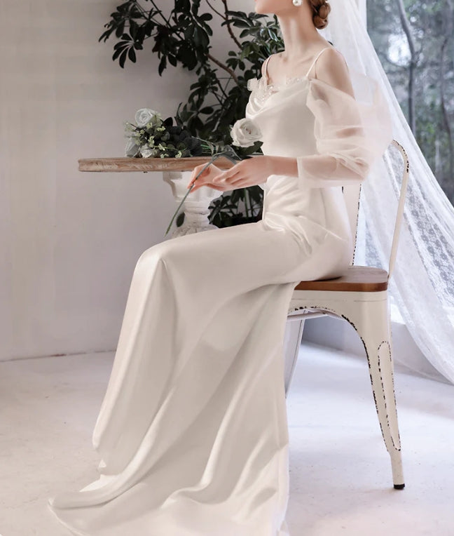 Simple White Long Sleeves Wedding Dress V Back Long Evening Prom Dress