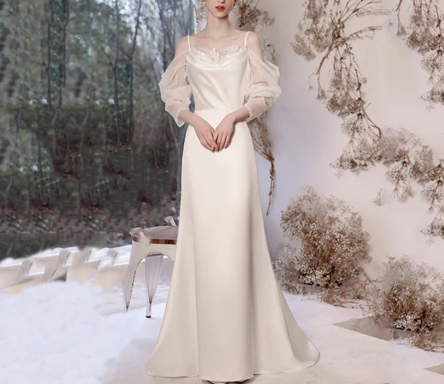 Simple White Long Sleeves Wedding Dress V Back Long Evening Prom Dress