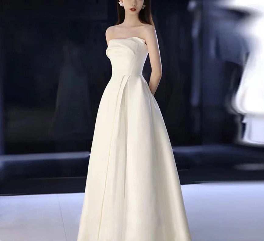 French Style Strapless Wedding Dress Satin White Long Prom Dress