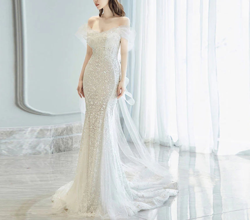 Mermaid Sequins Wedding Dress Off Shoulder Long Evening Dress with Train