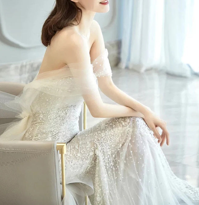 Mermaid Sequins Wedding Dress Off Shoulder Long Evening Dress with Train