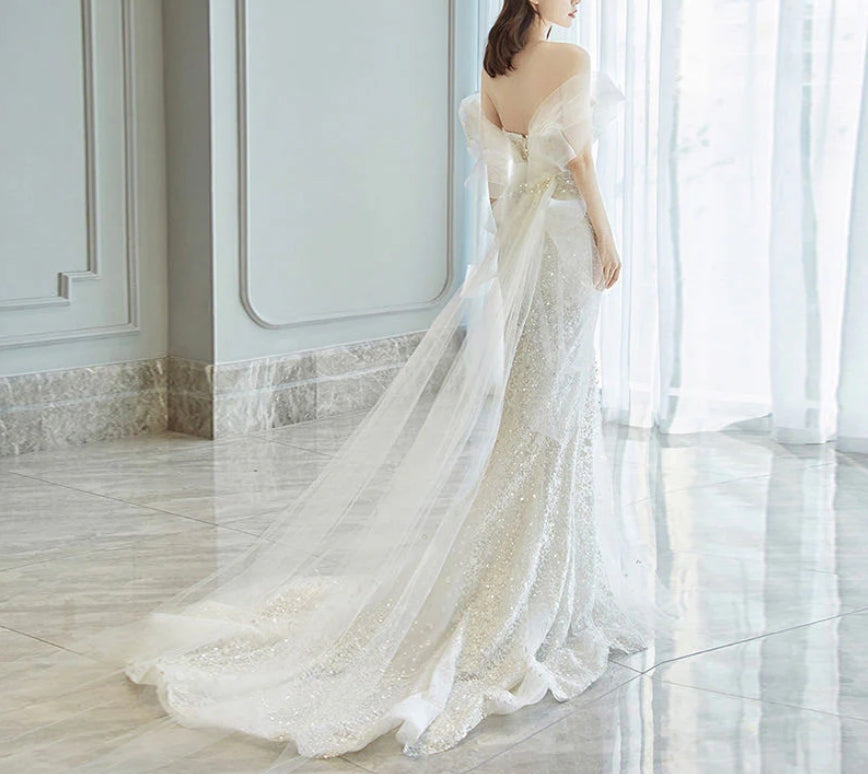 Mermaid Sequins Wedding Dress Off Shoulder Long Evening Dress with Train