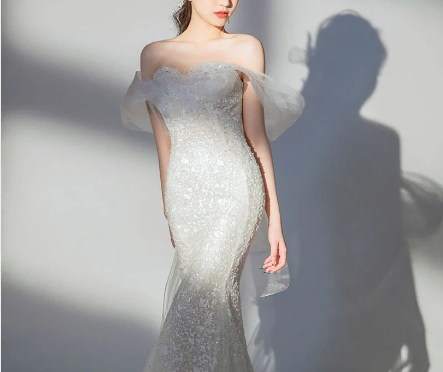 Mermaid Sequins Wedding Dress Off Shoulder Long Evening Dress with Train
