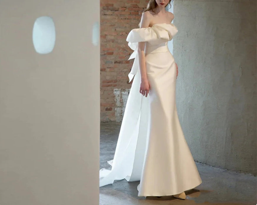 Mermaid Off Shoulder Simple Wedding Dress White Satin Long Prom Dress