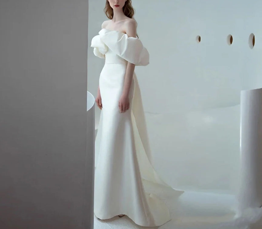 Mermaid Off Shoulder Simple Wedding Dress White Satin Long Prom Dress
