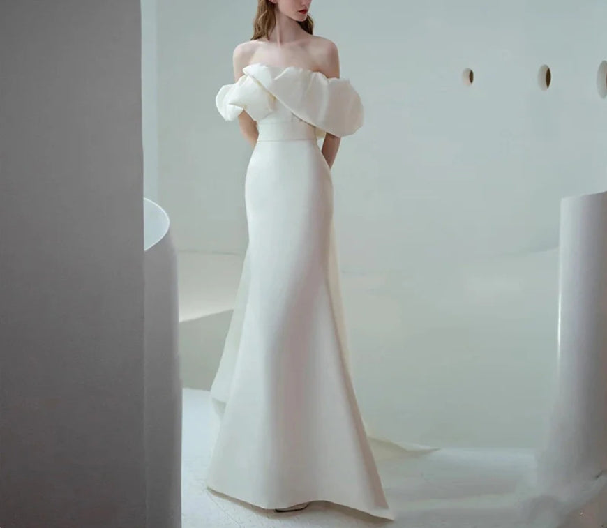 Mermaid Off Shoulder Simple Wedding Dress White Satin Long Prom Dress
