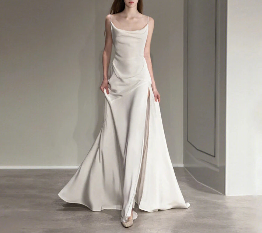 French Spaghetti Strap Long Prom Dress White Satin V back Wedding Dress