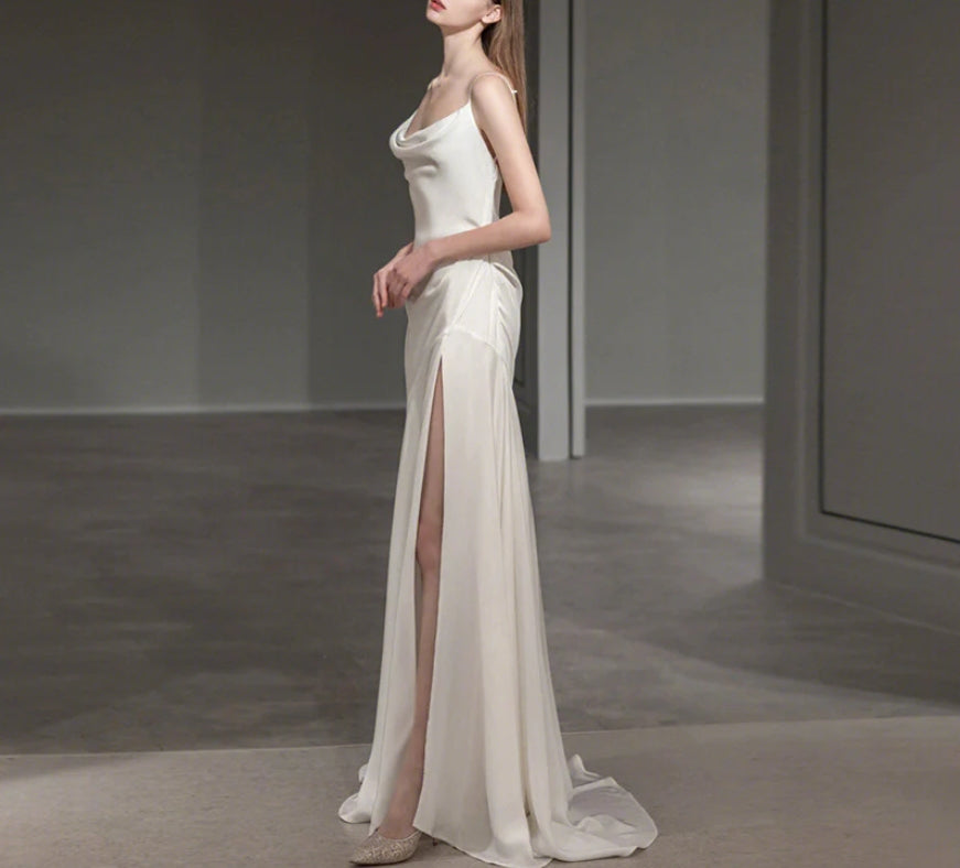 French Spaghetti Strap Long Prom Dress White Satin V back Wedding Dress