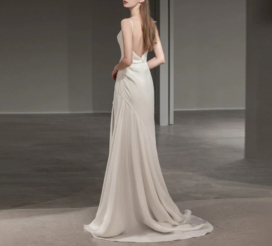 French Spaghetti Strap Long Prom Dress White Satin V back Wedding Dress