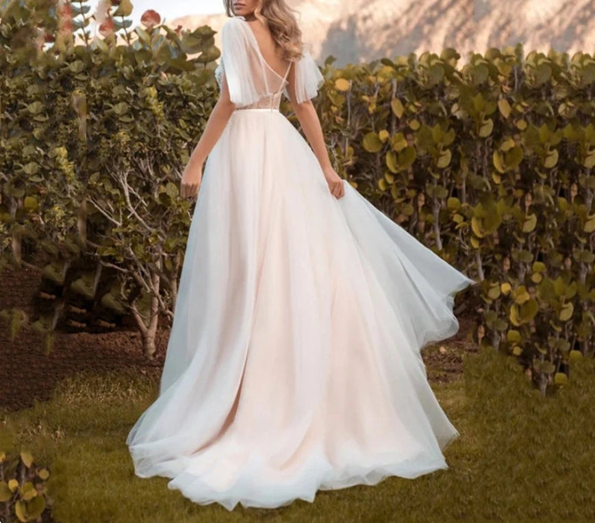 Deep V Lace Long Prom Dress Mid Sleeves Beach Wedding Dress