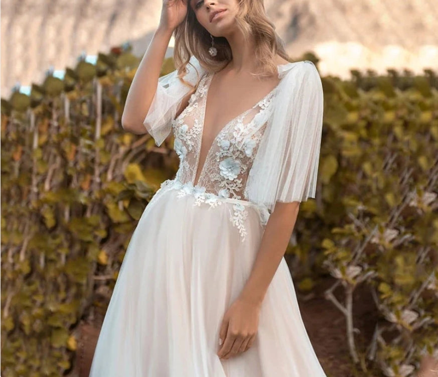 Deep V Lace Long Prom Dress Mid Sleeves Beach Wedding Dress