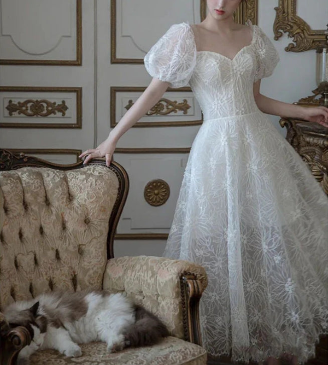 A Line White Tulle Prom Dress Short Sleeves Wedding Dress