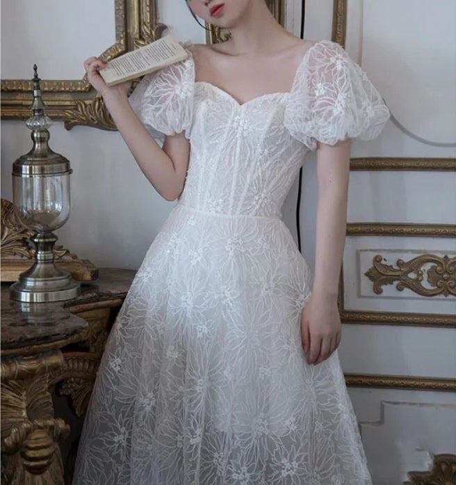 A Line White Tulle Prom Dress Short Sleeves Wedding Dress