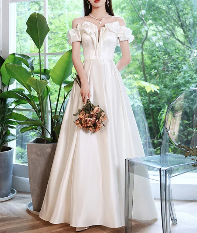Off Shoulder Satin White Wedding Dress A Line Prom Dress