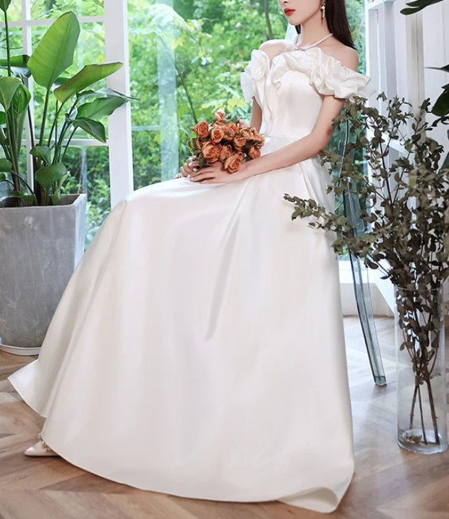 Off Shoulder Satin White Wedding Dress A Line Prom Dress