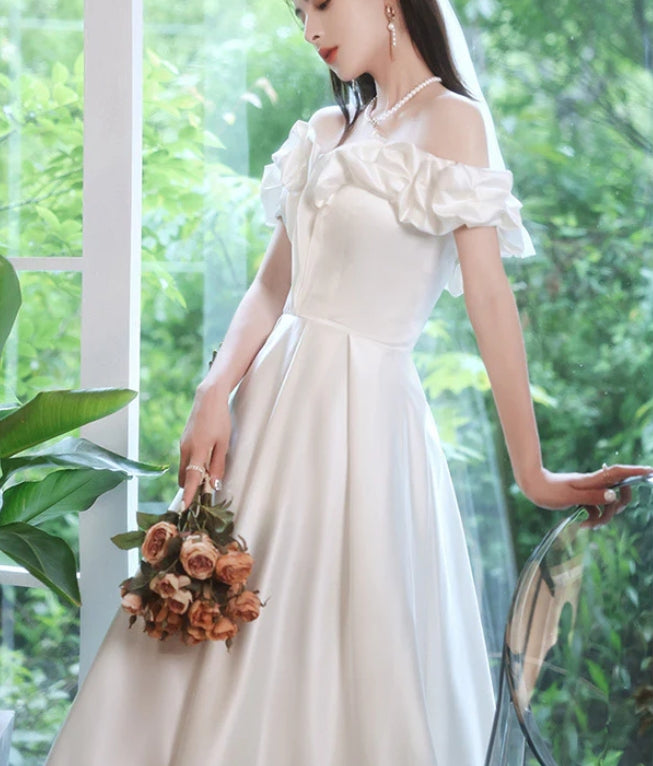 Off Shoulder Satin White Wedding Dress A Line Prom Dress