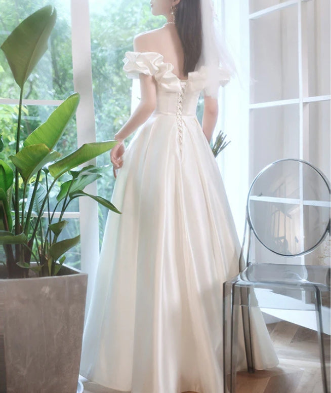 Off Shoulder Satin White Wedding Dress A Line Prom Dress