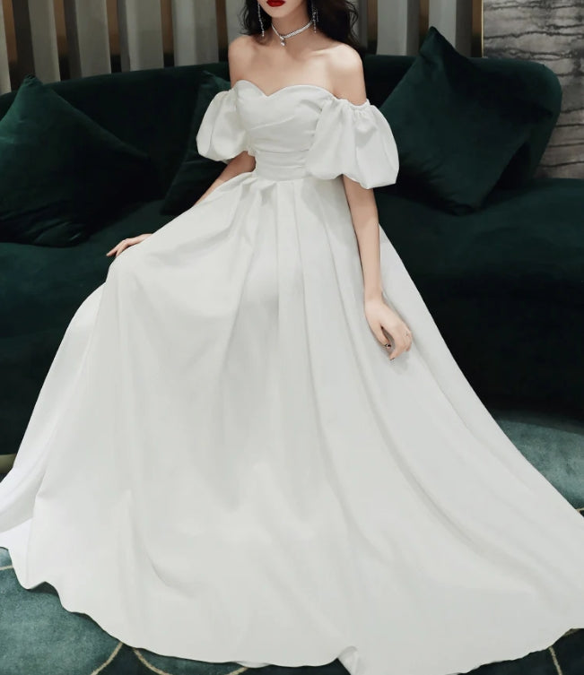 White Off Shoulder Wedding Dress Long Prom Dress