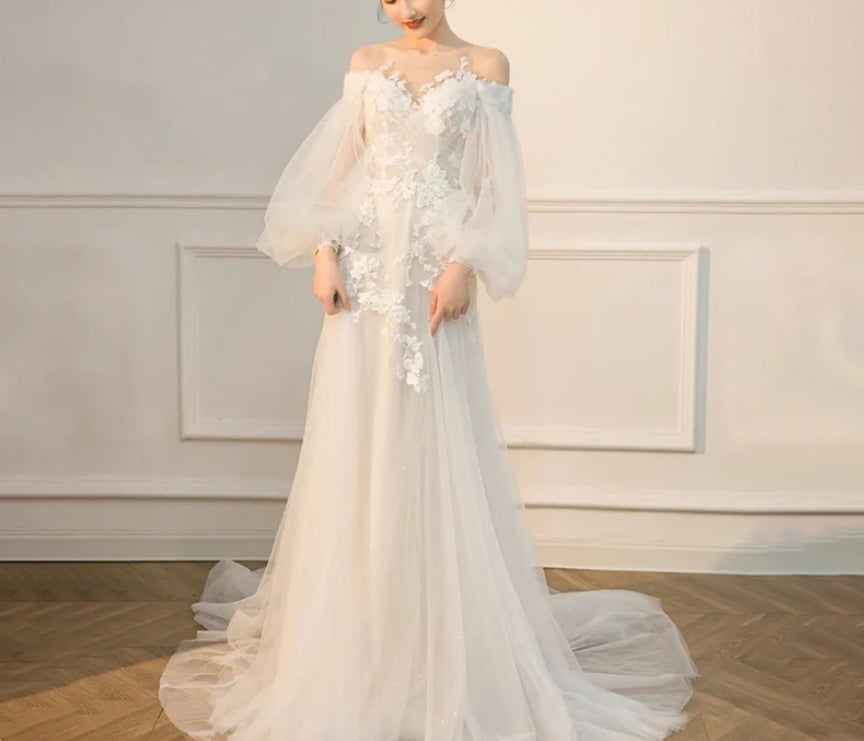 Long Sleeves Wedding Dress Fairy Bridal Off Shoulder Prom Dress with