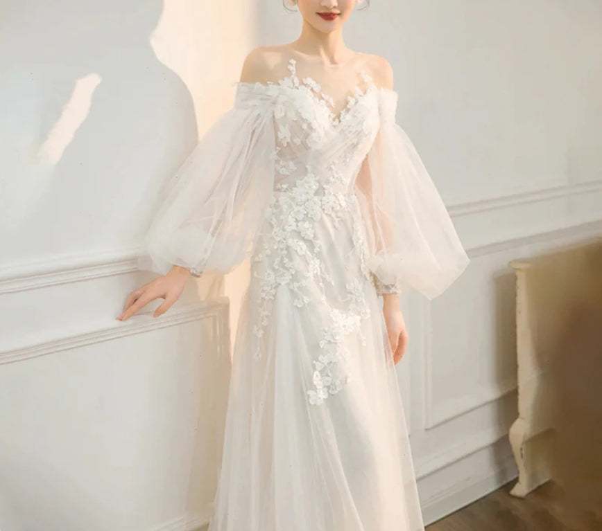 Long Sleeves Wedding Dress Fairy Bridal Off Shoulder Prom Dress with