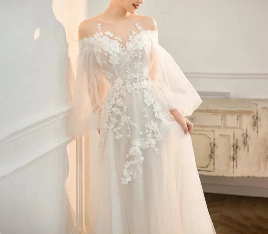 Long Sleeves Wedding Dress Fairy Bridal Off Shoulder Prom Dress with