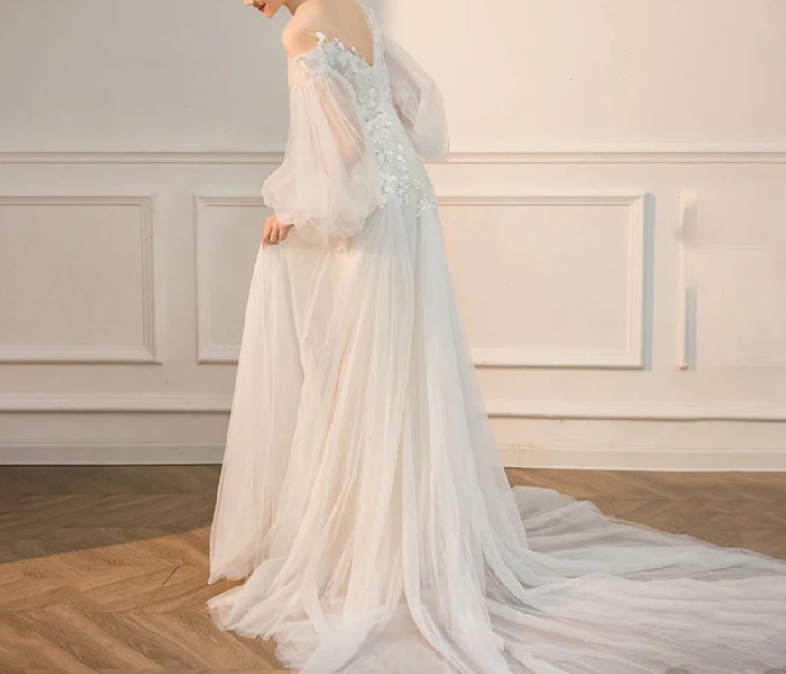Long Sleeves Wedding Dress Fairy Bridal Off Shoulder Prom Dress with