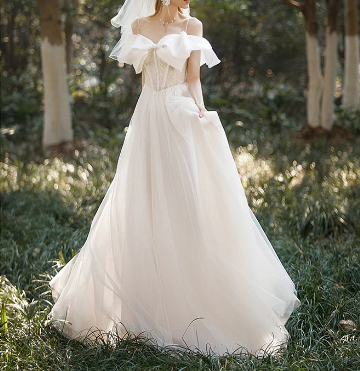 White Off Shoulder Wedding Dress Long Prom Dress with