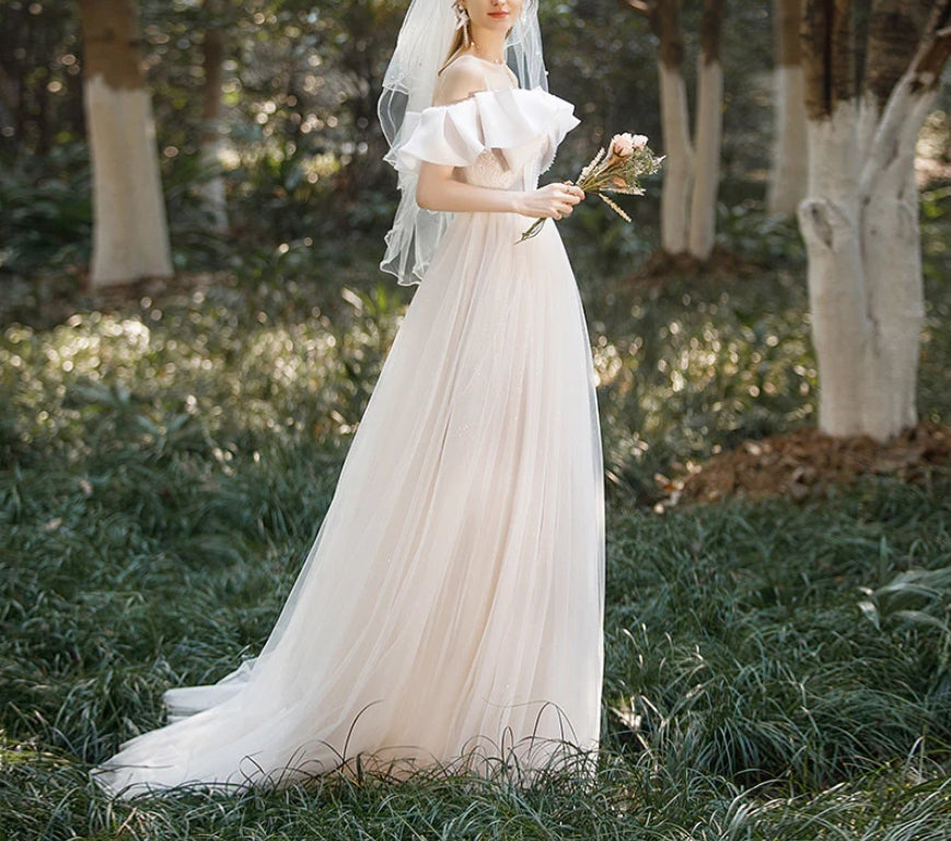 White Off Shoulder Wedding Dress Long Prom Dress with